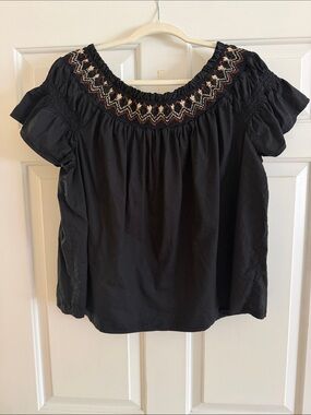 Old Navy Black Off-Shoulder Smocked Neck Blouse with Embroidered Yoke